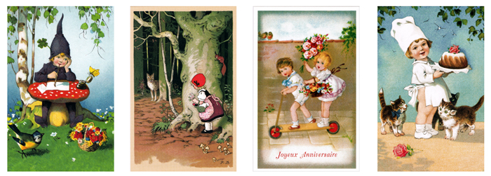 フランス製ポストカード【ＤＡＩＳＹ】France、ベニテング、クローバー、赤ずきんちゃん、猫、子ども、お菓子、スイーツ、Ludom
