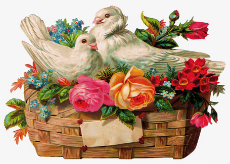 ドイツ製クロモスグリーティングカード　鳩と花かご