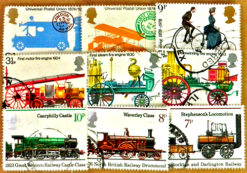 英国 Vintage 切手、イギリス、England、ビンテージ、古切手、ヴィンテージ、汽車、列車、自転車、車、飛行機