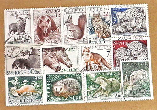 スウェーデン Vintage 切手、Sweden、ビンテージ、古切手、ヴィンテージ、リス、クマ、イタチ、ハリネズミ、キツネ