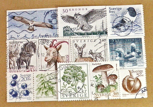 スウェーデン Vintage 切手、Sweden、ビンテージ、古切手、ヴィンテージ、きのこ、キノコ、ヤギ、馬、シカ、ふくろう