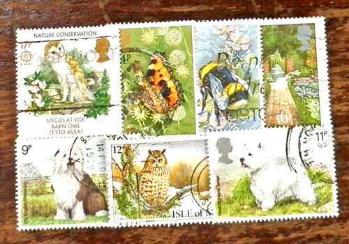 英国 Vintage 切手、イギリス、England、ビンテージ、古切手、ヴィンテージ、テリア、ミツバチ、蝶、フクロウ、イングリッシュガーデン